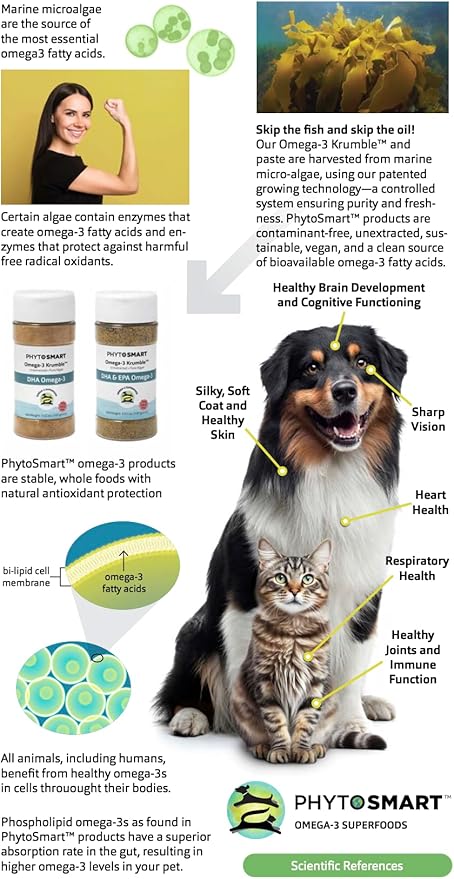 Omega-3 Krumble EPA and DHA for Pets - 70Grams Shaker Top. Pure Un-extracted Marine Micro-Algae Provides Pets with Complete Essential Fats for Total Body Health