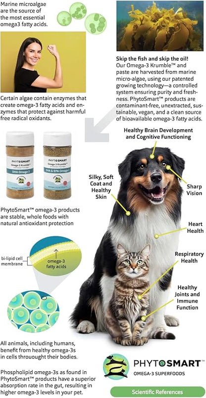 Omega-3 Krumble EPA and DHA for Pets - 70Grams Shaker Top. Pure Un-extracted Marine Micro-Algae Provides Pets with Complete Essential Fats for Total Body Health
