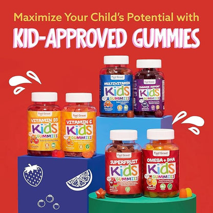 Feel Great Vitamins Kids DHA Gummies with Omega 3 6 9, Vitamin C | Supports Healthy Brain Function, Vision & Heart Health | Gluten Free, Vegetarian | 60 Gummies