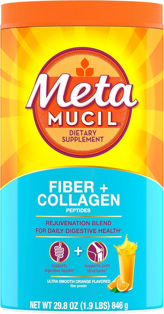 Metamucil Daily Fiber + Collagen, Psyllium Husk Powder, Plant Based, Sugar-Free with Stevia, 3-in-1 Fiber for Digestive Health, Orange Flavored, 90 Doses (29.8 OZ Fiber Powder)