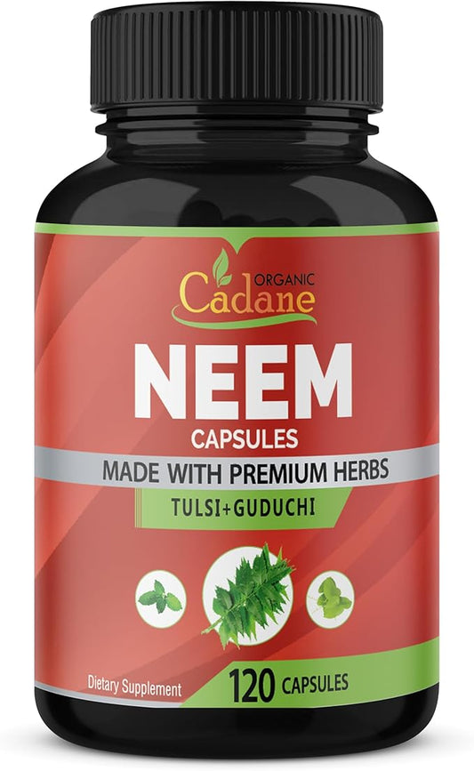 Organic Cadane Neem Leaf Supplements Capsules, 3in1 with Holy Basil Tulsi, Guduchi, 120 Vegetable Capsules | Supports Immune System | Fresh Pure Powder Leaves Herbs