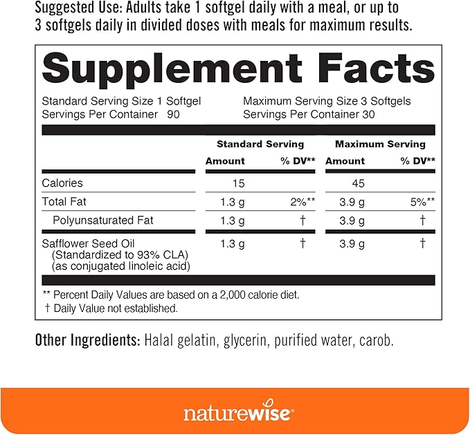 NatureWise CLA 1300 - 95% Active Conjugated Linoleic Acid for Women and Men, Not Stimulating, Supports Weight & Fitness Goals - Non-GMO, Gluten Free - 90 Softgels[1-Month Supply]