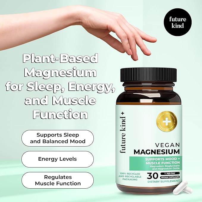 Future Kind Vegan Chelated Magnesium Supplement - Most Bioavailable & 6X More Potent Magnesium Capsules - Supports Sleep, Energy & Muscle Functions (30ct)