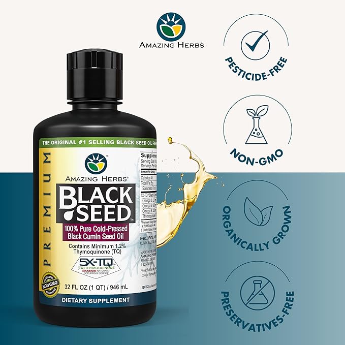 Amazing Herbs Premium Black Seed Oil - Cold Pressed Nigella Sativa Aids in Digestive Health, Immune Support, Brain Function, Joint Mobility, Gluten Free, Non GMO - 32 Fl Oz