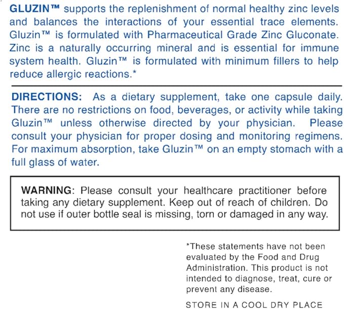 Gluzin OTC ZINC Made in The USA - Pharmaceutical Grade Zinc, 50mg, (3 Bottles - 180 Vegetarian Capsules)