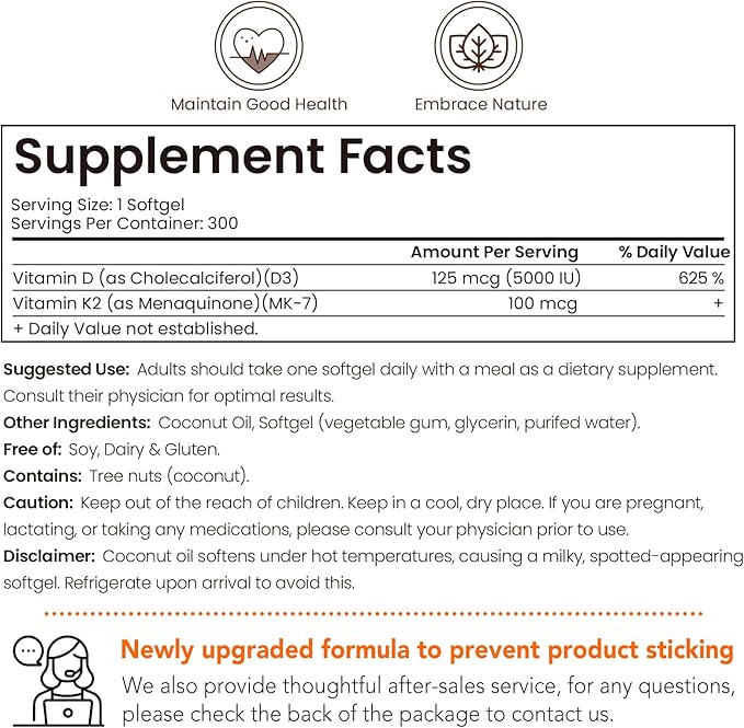 VEV Vitamin D3 K2, 5000 IU D3 100mcg K2 (MK 7), 300 Softgels, 2-in-1 Vitamin D & K Supplement with Coconut Oil, Supports Calcium Absorption and Bone Health, Easy to Swallow