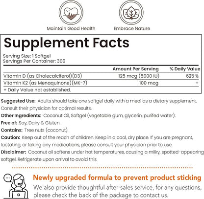VEV Vitamin D3 K2, 5000 IU D3 100mcg K2 (MK 7), 300 Softgels, 2-in-1 Vitamin D & K Supplement with Coconut Oil, Supports Calcium Absorption and Bone Health, Easy to Swallow