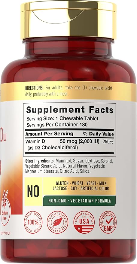 Carlyle Chewable Vitamin D3 2000 IU (50mcg) Tablets | 180 Count | Berry Flavor | Vegetarian, Non-GMO and Gluten Free