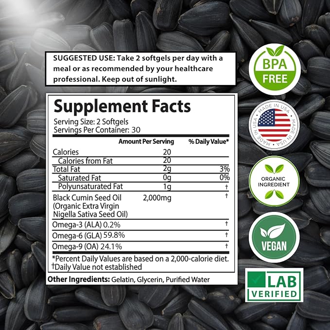 Organic Turkish Black Seed Oil Capsules, Premium Cold Pressed, High TQ, 1 Month Supply, Non-GMO Black Cumin Nigella Sativa Oil for Immune Support, Joint, Digestive Health, 1000mg per Capsule, 60ct