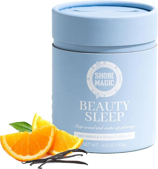 Beauty Sleep Marine Collagen Powder with Types I, II, III & IV Hydrolyzed Peptides, Magnesium, L-Theanine, Orange Vanilla Flavor, Egg, Nut, Dairy, Gluten & Sugar Free, Melatonin-Free