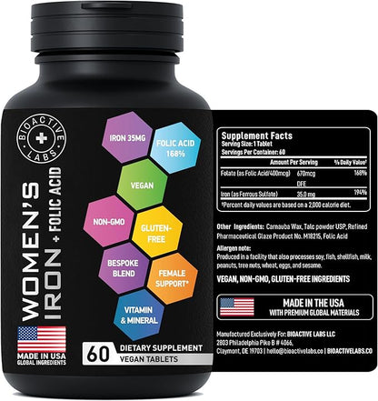 Vegan Iron Supplements for Women with Folic Acid - 168% Folate Folic Acid, 194% Ferrous Sulfate Blood Builder with Anemia and Pregnant Women - 60 Gluten-Free Gentle Iron Tablets