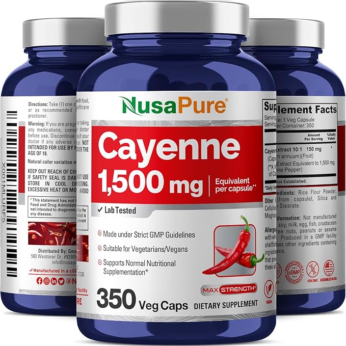 NusaPure Cayenne Pepper 1500mg Per Caps, 350 Veggie Capsules Vegan Vegetarian, Non-GMO