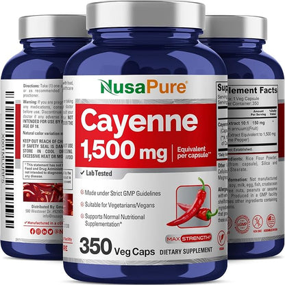 NusaPure Cayenne Pepper 1500mg Per Caps, 350 Veggie Capsules Vegan Vegetarian, Non-GMO
