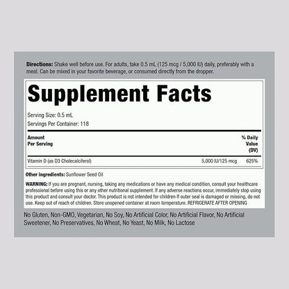 Piping Rock Vitamin D3 Liquid 5000 IU (125 mcg) | 2 oz | Vitamin D Drops for Adults | Vegetarian, Non-GMO, Gluten Free Supplement