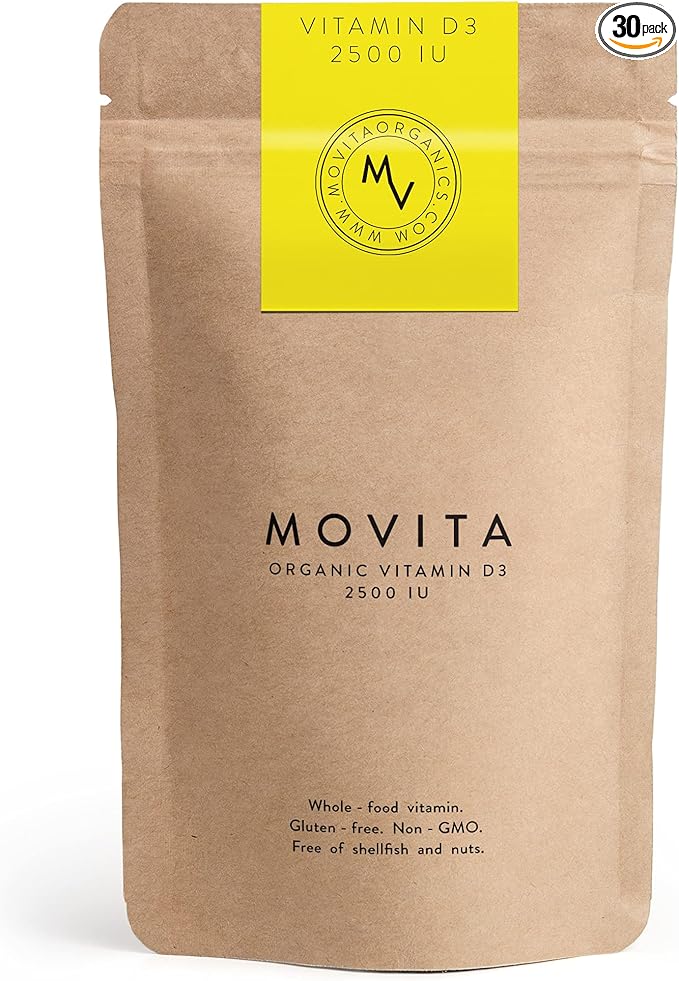 Movita Certified Organic Vitamin D3 2500IU – Supports Energy, Immune Health & Bone Strength – Fermented Whole Foods, Organic, Vegan, Gluten-Free, Non-GMO – 30-Day Supply (Eco-Friendly Pouch)