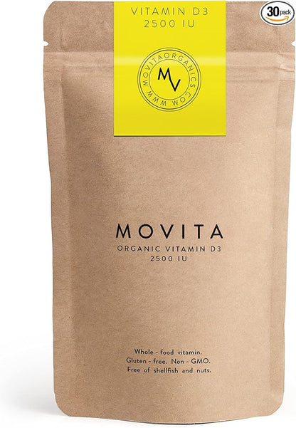 Movita Certified Organic Vitamin D3 2500IU – Supports Energy, Immune Health & Bone Strength – Fermented Whole Foods, Organic, Vegan, Gluten-Free, Non-GMO – 30-Day Supply (Eco-Friendly Pouch)