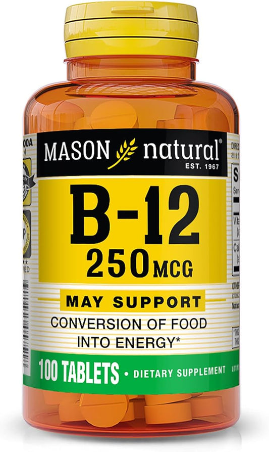 Mason Natural Vitamin B12 250 mcg with Calcium - Healthy Conversion of Food into Energy, Supports Nerve Function and Health, 100 Tablets