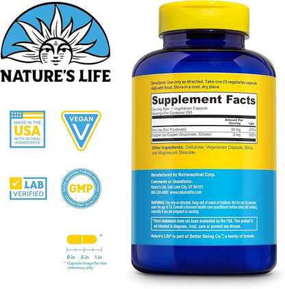 Nature's Life Zinc Picolinate 30mg Plus 2mg of Copper - Chelated Zinc Supplement for Immune, Cardiovascular, Skin, Cellular Function, and Muscle Support - 60-Day Guarantee - 250 Servings, 250 Capsules