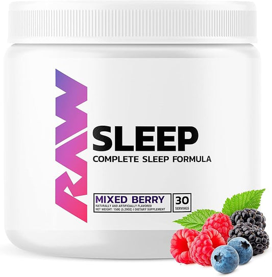 RAW Natural Sleep Aid Supplement - Relaxation Enhancer & Mood Support with Melatonin, Magnesium, Zinc, L-Tryptophan & Lemon Balm Extract to Relax & Calm The Mind & Body - 30 Servings, Mixed Berry