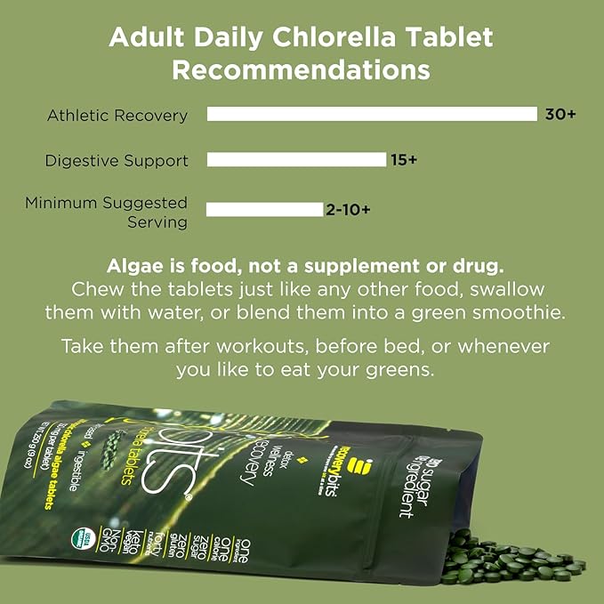 RECOVERYbits Organic Chlorella Algae Tablets, Superfood, Pure Green Algae, High Protein and Fiber, Chlorophyll, Cracked Cell Wall Non-Irradiated, for Immune Boosting and Detox, Non-GMO, 60 Tablets