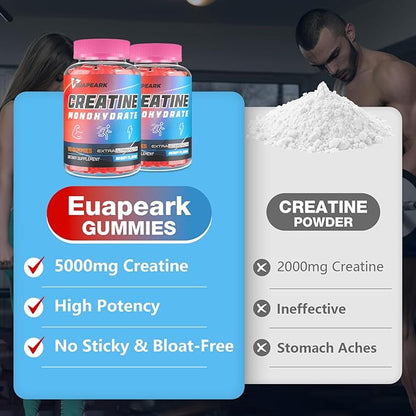 Creatine Monohydrate Gummies, Pre-Workout Chewables Supplement for Women and Men, Creatine Monohydrate with Taurine & B6 - for Muscle, Strength, Endurance & Energy, Vegan (Berry, 60 Gummies)