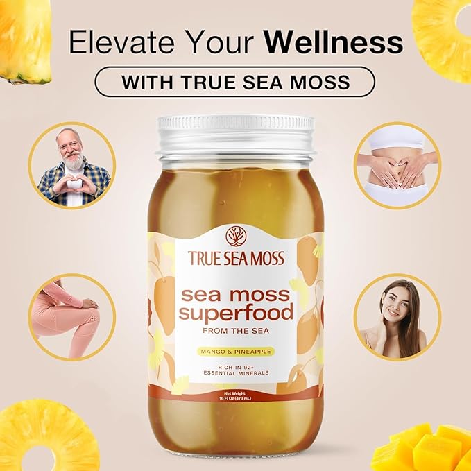 TrueSeaMoss Wildcrafted Irish Sea Moss Gel - Made with Dried Seaweed & Fresh Sea Vegetables, Seamoss, Antioxidant Supports Digestion - Made in USA (Mango/Pineapple, Pack of 5)