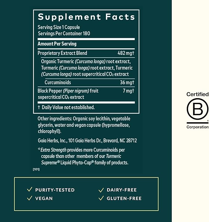 Gaia Herbs Turmeric Supreme Extra Strength - Supports Occasional Swelling from Normal Wear & Tear - with Turmeric Curcumin & Black Pepper - 180 Vegan Liquid Phyto-Capsules (Up to 180-Day Supply)