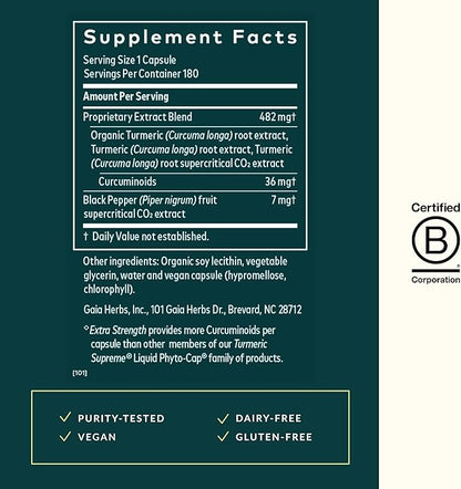 Gaia Herbs Turmeric Supreme Extra Strength - Supports Occasional Swelling from Normal Wear & Tear - with Turmeric Curcumin & Black Pepper - 180 Vegan Liquid Phyto-Capsules (Up to 180-Day Supply)