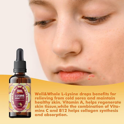 L-Lysine Supplement Liquid Drops | L-Lysine 1000mg Tincture with Vitamin A, C, and B12 for Adults & Kids | Immune Support, Skin & Lips Health, Collagen Synthesis | Non-GMO, Vegan, 2 Fl Oz (60 ML)