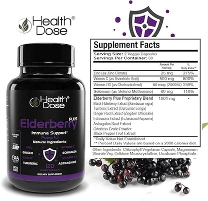 Premium Immune Support Bundle by Health Dose, Omega 3 Fish Oil Triple Strength, Gluten-Free, Non-GMO, 120 Softgels + Elderberry Plus 11 in 1, Defense Immune Support Booster, 120 Chlorophyll Capsules.