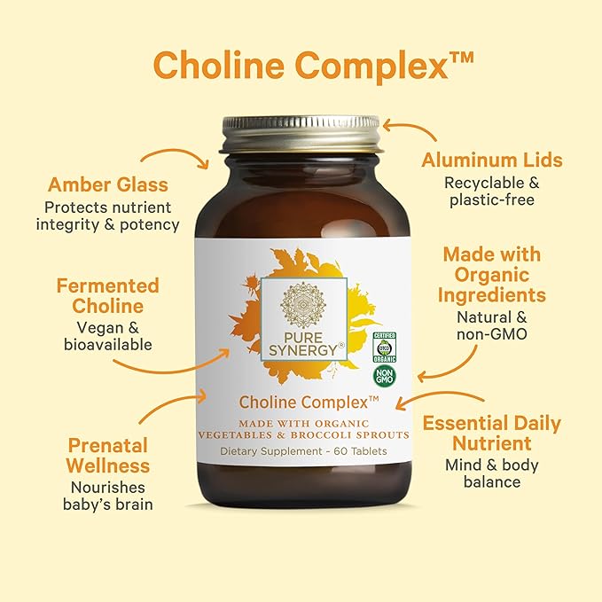 PURE SYNERGY Choline Complex | Vegan Choline Supplement Made with Organic Whole Foods | Non-GMO Bioavailable Complex | for Pregnancy, Brain, and Liver Health (60 Tablets)
