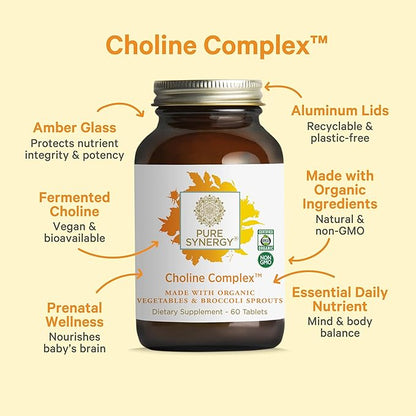 PURE SYNERGY Choline Complex | Vegan Choline Supplement Made with Organic Whole Foods | Non-GMO Bioavailable Complex | for Pregnancy, Brain, and Liver Health (60 Tablets)