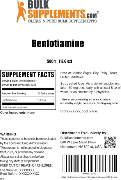 BulkSupplements.com Benfotiamine Powder - Thiamine B1 Supplement, Benfotiamine Supplement - Benfotiamine 150mg, Gluten Free - 150mg per Serving, 500g (1.1 lbs) (Pack of 1)