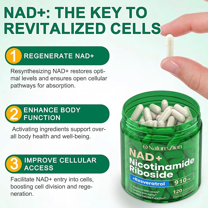 NAD Supplement, NAD Nicotinamide Riboside 910 Mg for Men and Women, Liposomal Nicotinamide Riboside Resveratrol, for Anti-Aging, Energy, Focus, Boost NAD+ - 120 Capsules