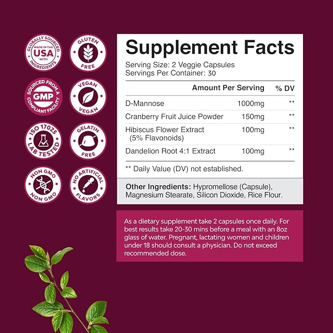Bundle of D Mannose Capsules for Urinary Tract Health for Women Fast Acting Super Concentrated Cranberry 60ct and Kidney Support Cranberry Supplement for Women and Men for Kidney and Bladder Health
