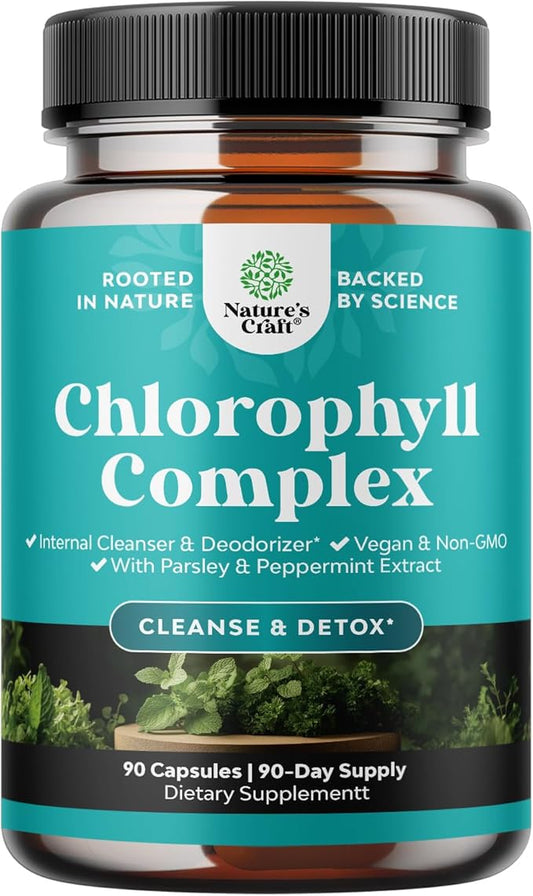 Chlorophyll Capsules for Cleanse and Detox Support - Internal Deodorant Pills for Body Odor with Mint & Parsley Extract Healthy Skin Immunity & Digestive Support - Vegan Non-GMO & Gluten Free (90ct)