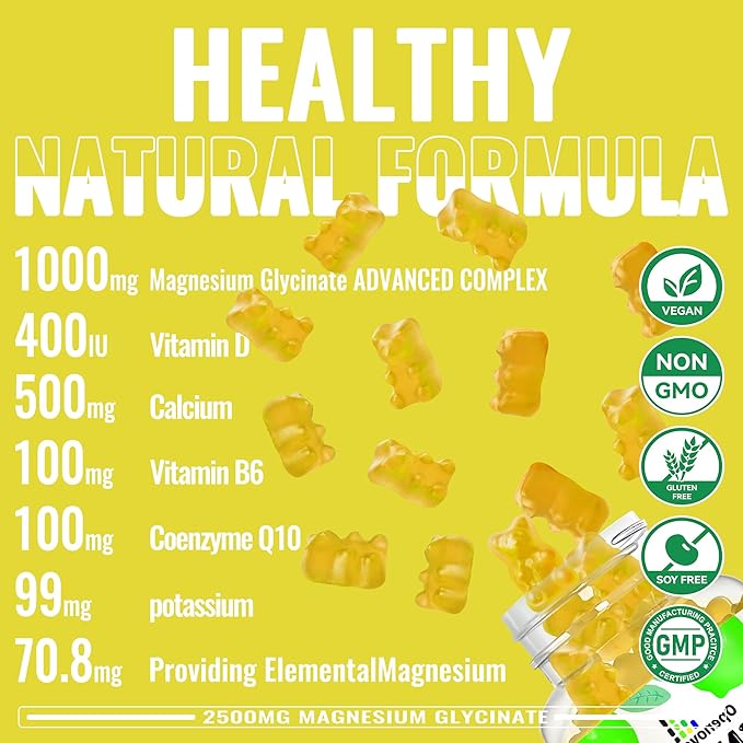 Magnesium Glycinate Gummies 2500mg - Sugar Free Magnesium Potassium Supplement with Vitamin D, B6, CoQ10 for Calm Mood & Sleep Support - 90 Lemon Gummies