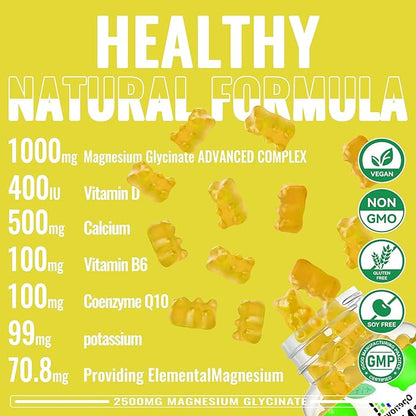 Magnesium Glycinate Gummies 2500mg - Sugar Free Magnesium Potassium Supplement with Vitamin D, B6, CoQ10 for Calm Mood & Sleep Support - 90 Lemon Gummies