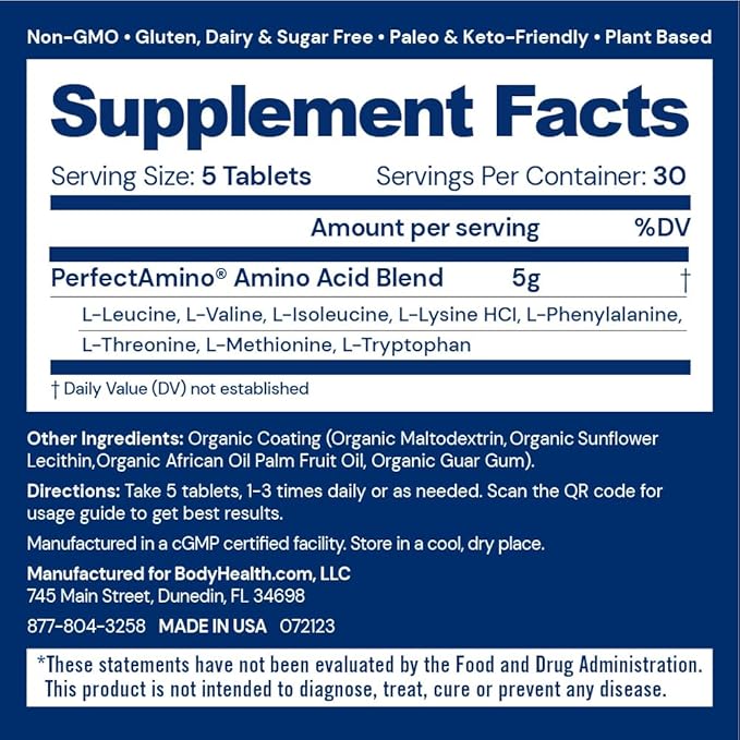 BodyHealth PerfectAmino Easy to Swallow Tablets, Essential Amino Acids Supplement with BCAAs, Vegan Protein for Pre/Post Workout & Muscle Recovery with Lysine, Tryptophan, Leucine (36 Servings)