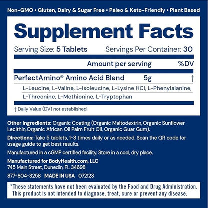 BodyHealth PerfectAmino Easy to Swallow Tablets, Essential Amino Acids Supplement with BCAAs, Vegan Protein for Pre/Post Workout & Muscle Recovery with Lysine, Tryptophan, Leucine (36 Servings)