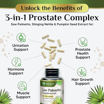 Saw Palmetto for Men Prostate Supplement - Potent 3X Formula with Stinging Nettle + Pumpkin Seed Extract for Men's Health, Herbal Prostate Supplement for Urinary Support, Bottled in USA, 60 Capsules