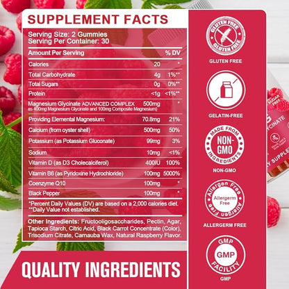 Magnesium Glycinate Gummies 400 mg with 100 mg Composite Magnesium - Chelated Magnesium Potassium Supplement with Vitamin D, B6 Supports Calm, Sleep, Memory & Muscle Cramps,Sugar Free - 60 Gummies