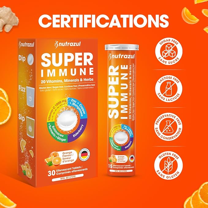 nutrazul Super Immune Effervescent Tablets | Maintains Immune Function & Antioxidant Support | 20 Vitamins, Minerals and Herbs | Orange Flavour | 30 Tablets