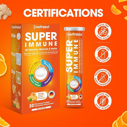 nutrazul Super Immune Effervescent Tablets | Maintains Immune Function & Antioxidant Support | 20 Vitamins, Minerals and Herbs | Orange Flavour | 30 Tablets