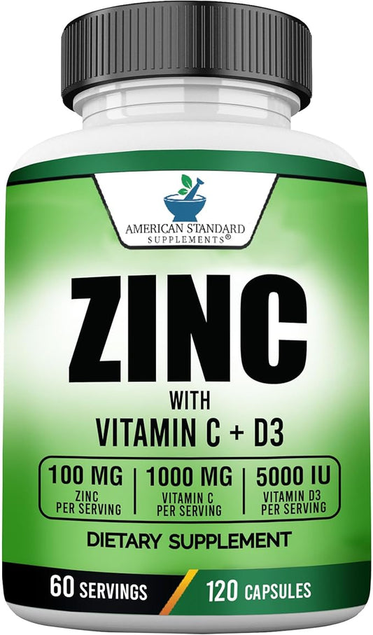 American Standard Supplements Zinc 100mg, Vitamin C 1000mg, and Vitamin D3 5000 IU (125mcg) Per Serving - Gluten Free, Non-GMO, 120 Capsules, 60 Servings