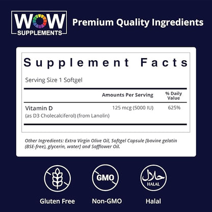 WOW Supplements Vitamin D3 5000 IU Softgels, 125 mcg - Vitamin D3 5000IU Supplement for Strong Bones and Immune Support - Non-GMO, Gluten Free Vitamin D 5000 IU - VIT D3 5000 IU Softgels - 120 Count