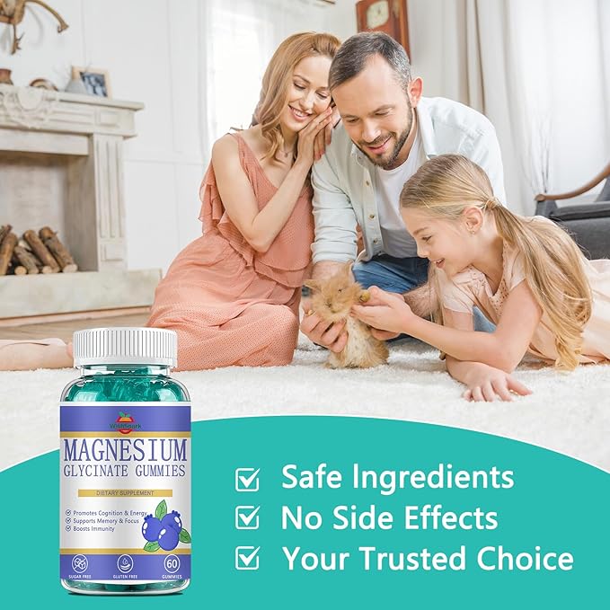 Magnesium Glycinate Gummies, Premium Magnesium Gummies, Magnesium Glycinate Supplement for Relaxation, Stress Relief and Sleep, Suitable for Adults and Children-60 Blueberry Flavor