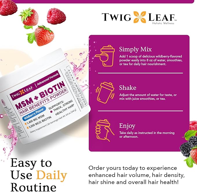 MSM + Biotin Hair Benefits Powder - Hair Growth MSM Supplement for Women & Men - Biotin & Vitamin C Blend - Wildberry MSM Powder for Hair Volume & Strength - Gluten-Free - 30 Servings (8.5 Oz)