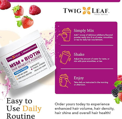 MSM + Biotin Hair Benefits Powder - Hair Growth MSM Supplement for Women & Men - Biotin & Vitamin C Blend - Wildberry MSM Powder for Hair Volume & Strength - Gluten-Free - 30 Servings (8.5 Oz)