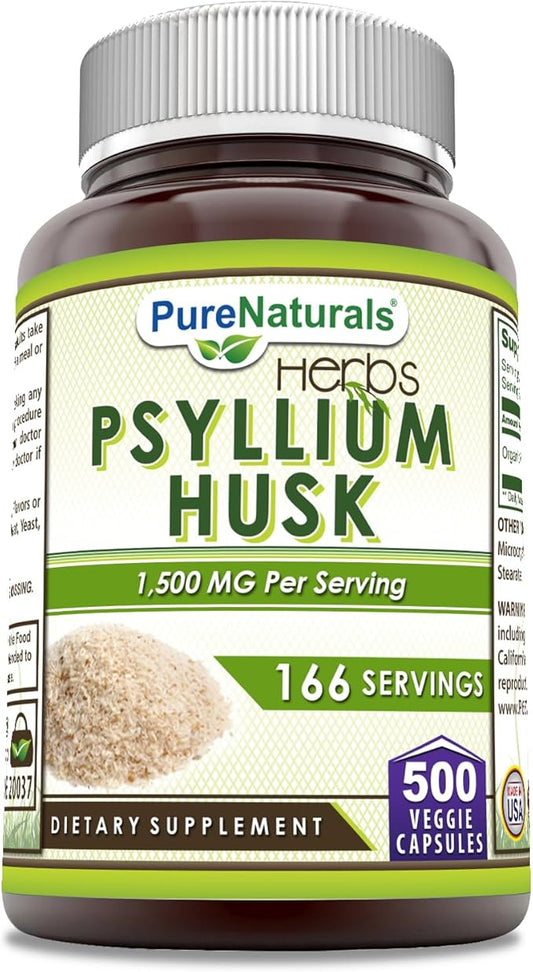 Pure Naturals Psyllium Husk 500mg 500 Veggie Capsules Supplement | Non-GMO | Gluten Free | Made in USA | Ideal for Vegetarians